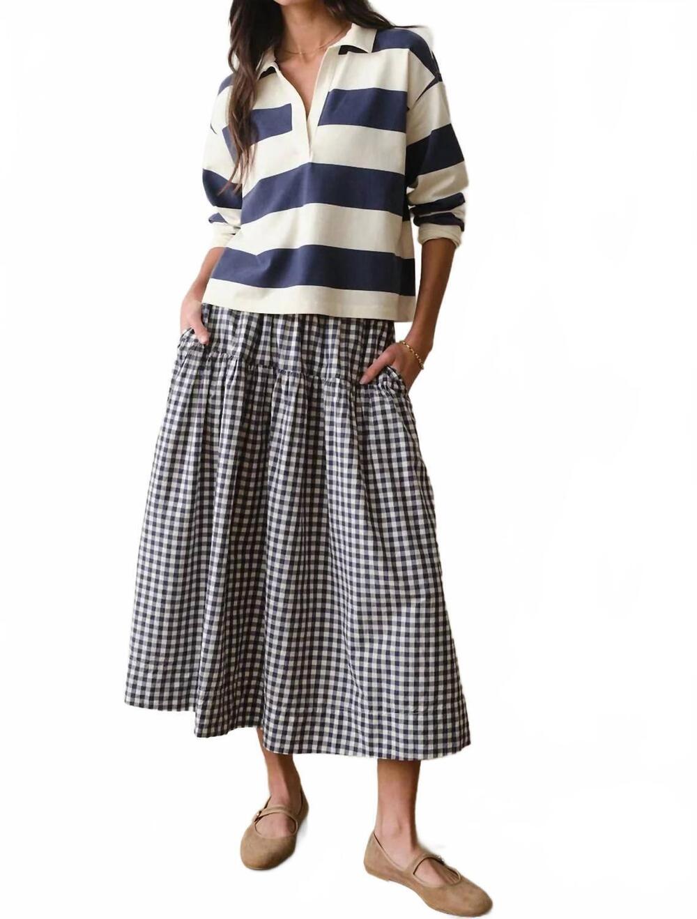 NEW MARINE LAYER gia poplin skirt in navy gingham